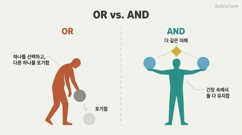 Split panel comparing two responses to paradox: choosing one truth and collapsing versus holding both truths and achieving a breakthrough.