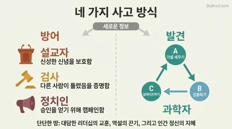 Split panel contrasting three defensive thinking modes — preacher, prosecutor, and politician — against scientist mode with a hypothesis-test-update loop.