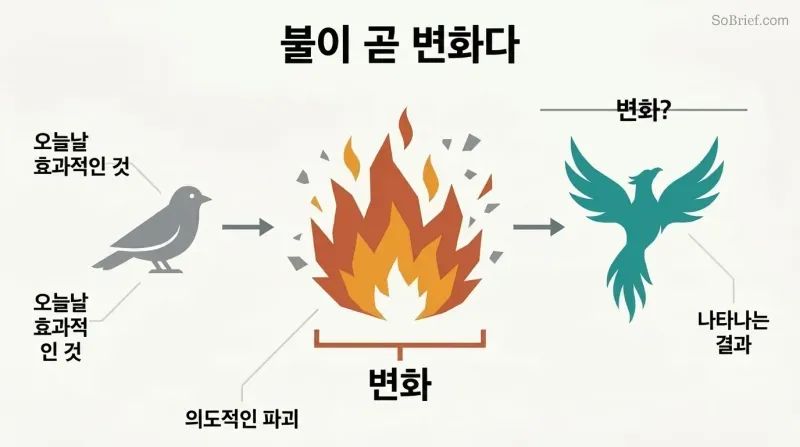 Three-phase timeline showing an old structure breaking apart in flames at center, then reforming, with the fire phase — not the rising phase — marked as the true transformation.