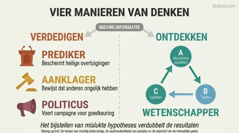 Split panel contrasting three defensive thinking modes — preacher, prosecutor, and politician — against scientist mode with a hypothesis-test-update loop.