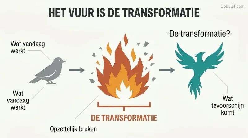 Three-phase timeline showing an old structure breaking apart in flames at center, then reforming, with the fire phase — not the rising phase — marked as the true transformation.