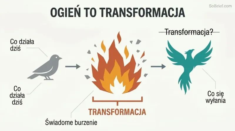 Three-phase timeline showing an old structure breaking apart in flames at center, then reforming, with the fire phase — not the rising phase — marked as the true transformation.