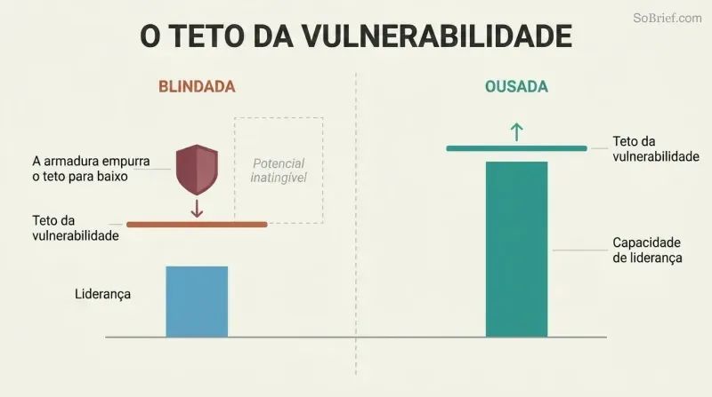 Split comparison showing how armor lowers your vulnerability ceiling and caps leadership, while removing armor raises the ceiling and unlocks leadership growth.