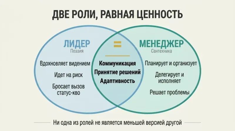 Venn diagram showing leader and manager as two equally sized overlapping circles with distinct strengths and shared core skills in the center.