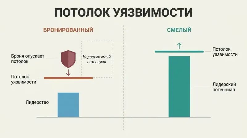 Split comparison showing how armor lowers your vulnerability ceiling and caps leadership, while removing armor raises the ceiling and unlocks leadership growth.