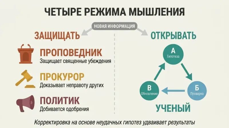 Split panel contrasting three defensive thinking modes — preacher, prosecutor, and politician — against scientist mode with a hypothesis-test-update loop.