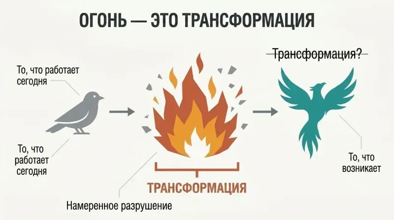 Three-phase timeline showing an old structure breaking apart in flames at center, then reforming, with the fire phase — not the rising phase — marked as the true transformation.