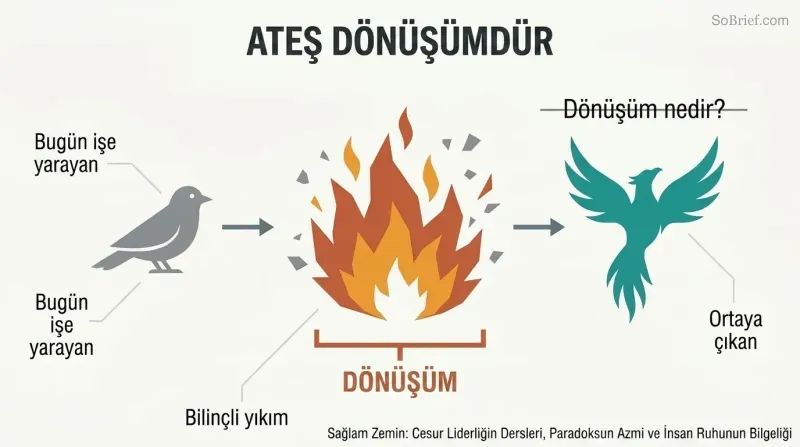 Three-phase timeline showing an old structure breaking apart in flames at center, then reforming, with the fire phase — not the rising phase — marked as the true transformation.
