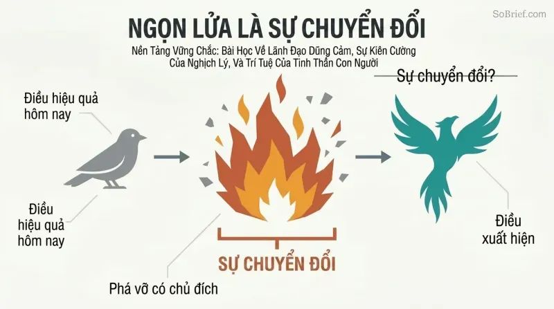 Three-phase timeline showing an old structure breaking apart in flames at center, then reforming, with the fire phase — not the rising phase — marked as the true transformation.