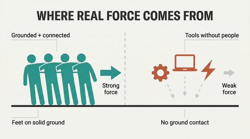 Split panel comparing grounded human figures planted on solid ground generating strong force versus floating technology icons disconnected from the ground producing no force.