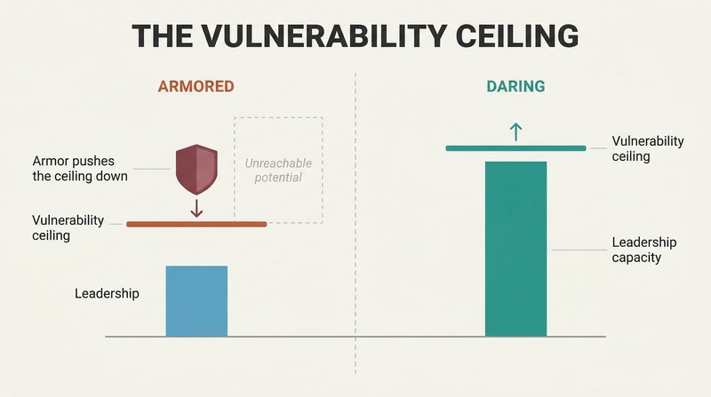 Split comparison showing how armor lowers your vulnerability ceiling and caps leadership, while removing armor raises the ceiling and unlocks leadership growth.