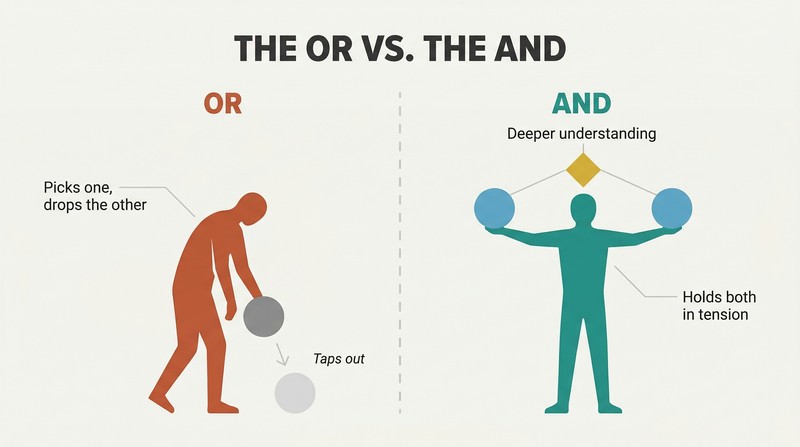 Split panel comparing two responses to paradox: choosing one truth and collapsing versus holding both truths and achieving a breakthrough.