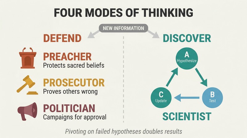 Split panel contrasting three defensive thinking modes — preacher, prosecutor, and politician — against scientist mode with a hypothesis-test-update loop.