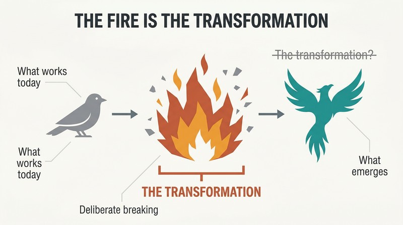 Three-phase timeline showing an old structure breaking apart in flames at center, then reforming, with the fire phase — not the rising phase — marked as the true transformation.