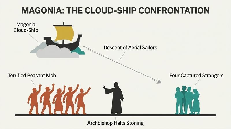 Diagram depicting a medieval cloud-ship descending to an earthly confrontation between an angry mob and captured innocent travelers.