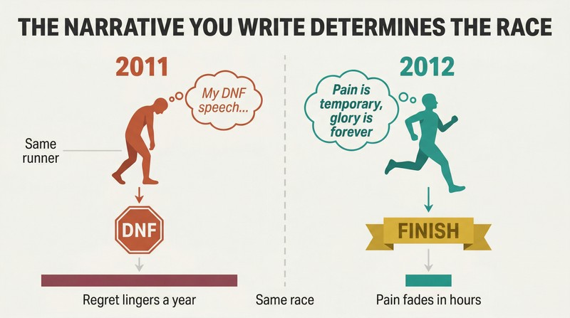 Split panel comparing a runner composing a quitting speech who collapses with lingering regret against the same runner composing a finish-line mantra who crosses the line with pain that quickly fades.