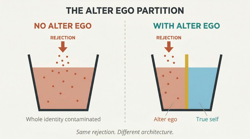 Split comparison showing one bucket fully contaminated by rejection versus a partitioned bucket where rejection stays contained on one side, protecting the core self.