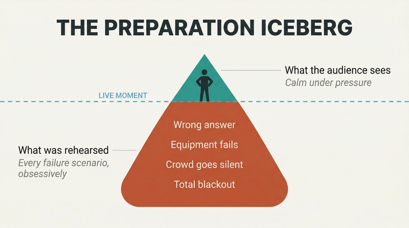 Iceberg showing a small calm performance tip above a waterline, with a massive submerged section filled with rehearsed failure scenarios below.
