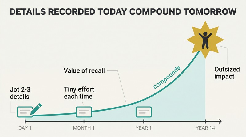 Exponential growth curve rising over a timeline with small note-card icons at intervals, showing how recorded personal details accumulate into outsized social impact.