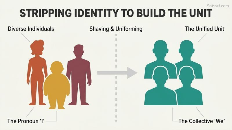 Transformation diagram showing diverse, multi-colored individual silhouettes on the left transitioning through a stripping phase into a perfectly aligned, identical green-teal collective unit on the right.