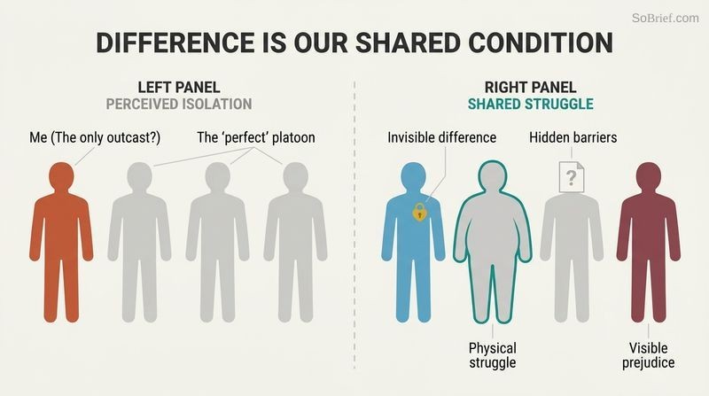 Split-panel diagram showing the shift from feeling like the only isolated misfit among normal peers to realizing everyone carries their own visible or hidden struggle.