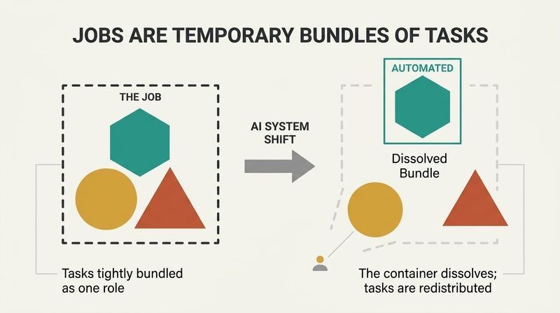 Split panel diagram demonstrating how a traditional job bundle dissolves into separate, redistributed tasks after an AI system shift.