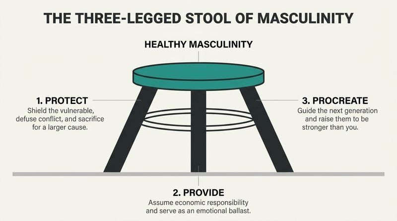 A three-legged wooden-style stool on an off-white background, where the balanced seat represents healthy masculinity and each of the three supporting legs represents one core job: protect, provide, and procreate.