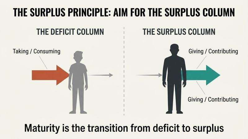 Split panel diagram comparing the deficit column of youth, where one takes more than they give, to the surplus column of maturity, where one gives more than they take.