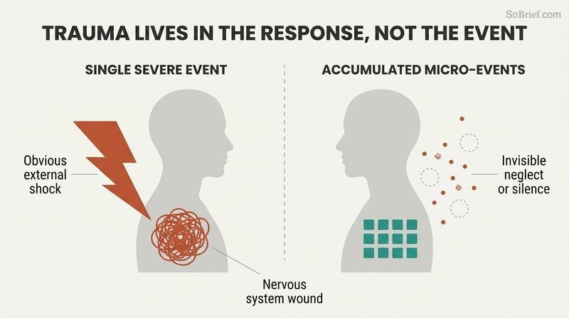 Split panel diagram comparing a single large event and accumulated micro-injuries, showing both generate the exact same tangled internal nervous system trauma wound.