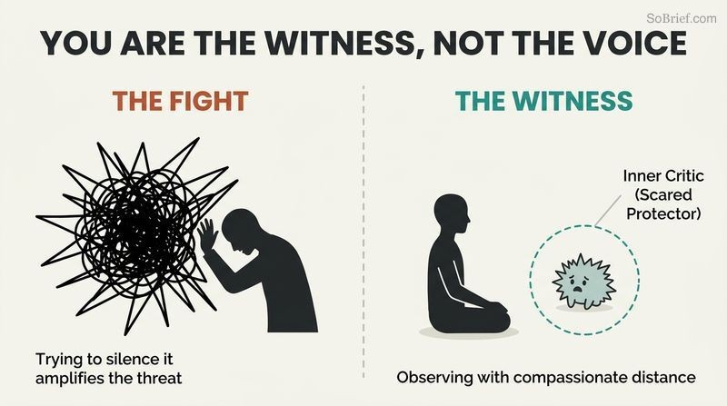 A split-panel diagram contrasting the exhausting struggle of fighting an anxious inner voice with the peace of observing and soothing it as a separate witness.