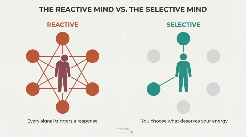 Split panel comparing a reactive mind overwhelmed by all emotional signals against a selective mind calmly engaging only the two that deserve energy.
