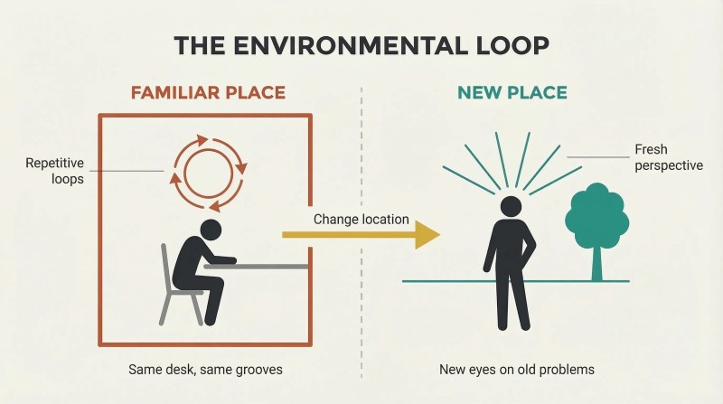 Split panel contrasting circular thought loops inside a familiar enclosed room with expansive fresh thinking in a new open environment.