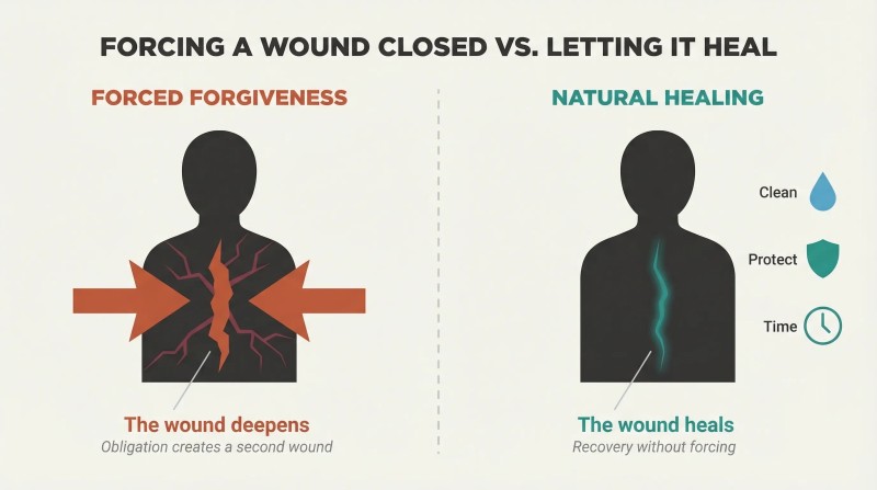 Split panel comparing a wound forced shut that fractures wider against the same wound gently tended with cleaning, protection, and time until it naturally heals.