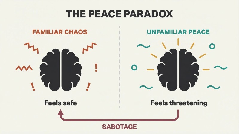 Split panel showing a brain comfortable amid chaos on the left but alarmed amid peace on the right, with a sabotage arrow looping back from peace to chaos.