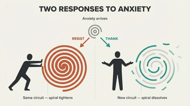 Fork diagram showing an anxiety spiral growing larger when resisted but dissolving into fading fragments when met with gratitude.
