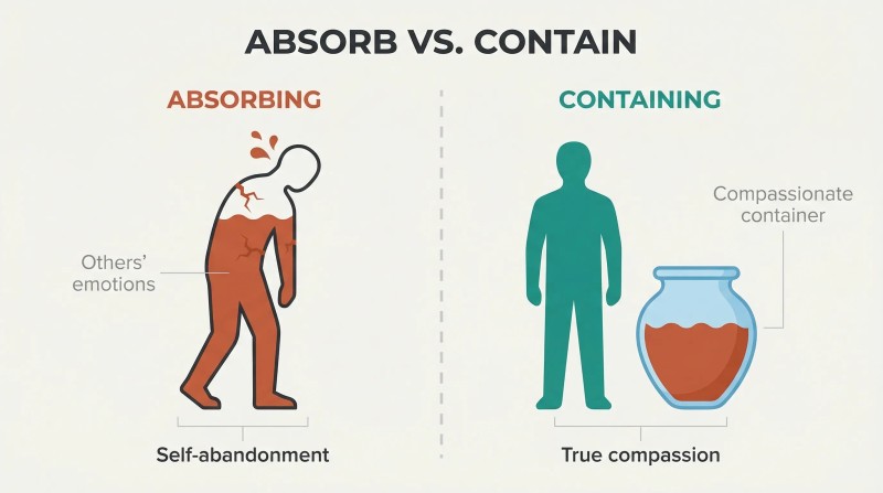 Split panel comparing a human figure drowning in absorbed emotions versus a whole figure standing beside a separate vessel holding those same emotions.