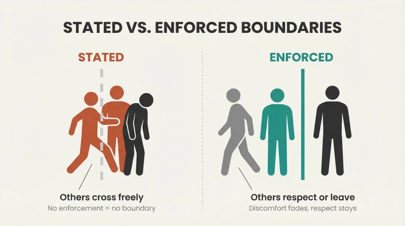 Split panel showing a dashed boundary others walk through versus a solid enforced boundary others respect or walk away from.