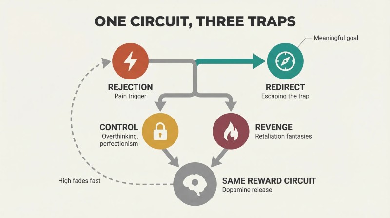 Vertical loop showing rejection forking into control-seeking and revenge, both feeding one shared reward circuit that fades and cycles back, with a teal exit arrow toward redirection.