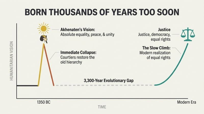 Line graph showing human rights progress over time, with a sharp, isolated gold spike in 1350 BC representing Akhenaten's premature democratic vision, which collapses back to a low baseline before slowly rising to meet that same height in the modern era.