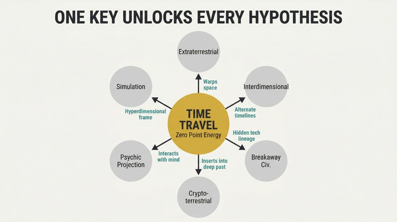 Hub-and-spoke diagram with time travel at center connected to six surrounding UFO hypotheses it unifies.