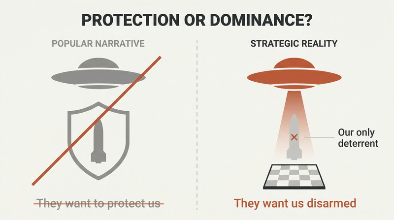 Split panel contrasting two interpretations of UFOs disabling nuclear weapons — a crossed-out benevolent shield on the left versus a strategic chess move on the right.