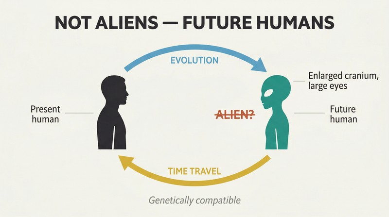 Circular loop showing a present human evolving into a future Gray-like figure who travels back in time, revealing the alien encounter as a closed loop of human identity.