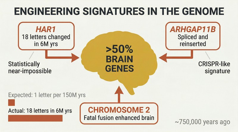 Three genetic anomalies converge inward on a central brain silhouette, with a proportion bar showing 18 actual mutations versus 1 expected, illustrating statistically impossible coordination.