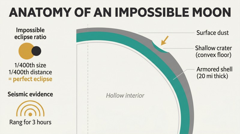 Cross-section diagram of the Moon revealing three layers — thin surface dust, a thick armored shell, and a vast hollow interior — with labeled evidence callouts for eclipse ratios, seismic ringing, and shallow craters.