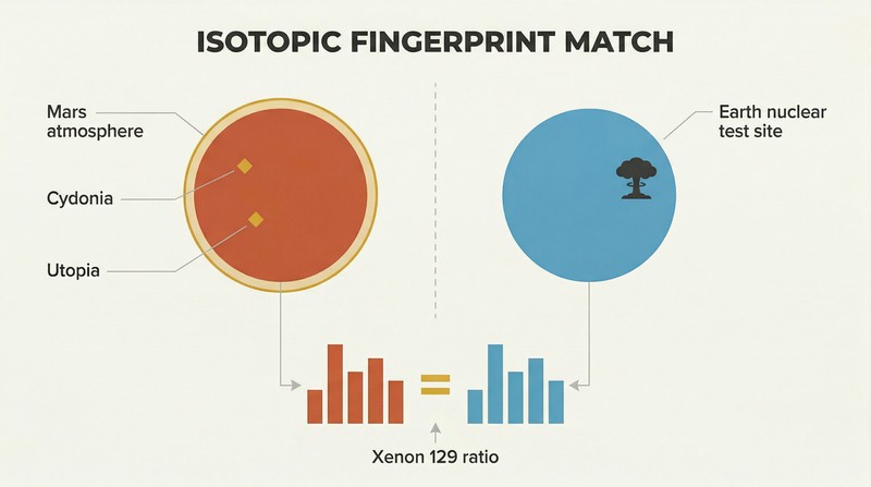 Split comparison showing Mars and Earth nuclear test sites connected by a matching Xenon 129 isotopic signature bar chart in the center.
