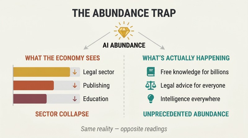 Split panel showing a scarcity-based economic dashboard reading decline on the left while the same AI abundance creates real-world plenty on the right.