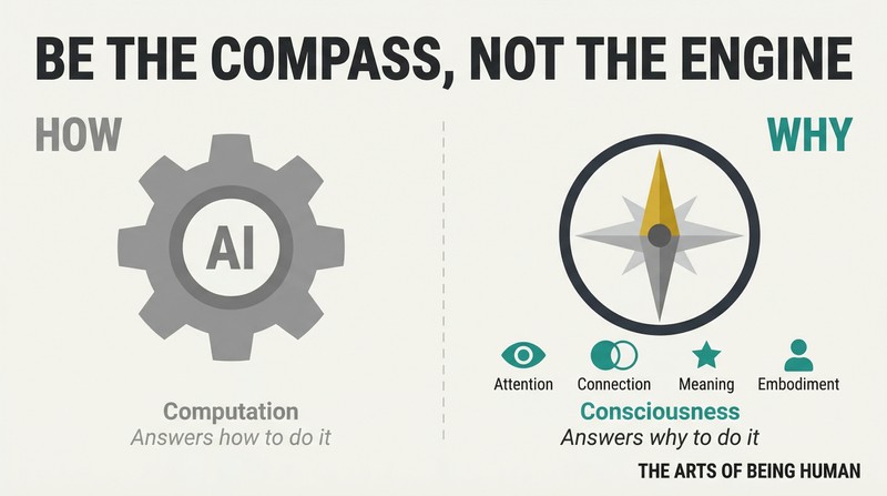 Split panel contrasting a mechanical gear representing AI computation on the left with a compass surrounded by four human arts on the right.