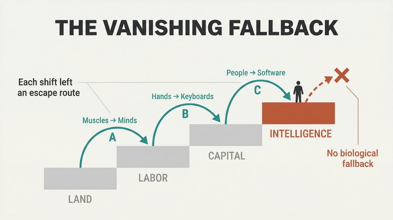 Ascending staircase of four economic eras where a human figure climbs from each displaced level to the next, but the final intelligence level has no higher step to reach.