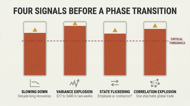 Four vertical warning gauges all filled to critical levels past a shared danger threshold line, each representing a physics signal preceding economic phase transition.