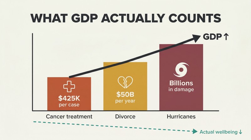 Three rising bar chart columns labeled with cancer treatment, divorce, and hurricanes support an upward GDP trendline, while a small declining line beneath represents actual wellbeing.